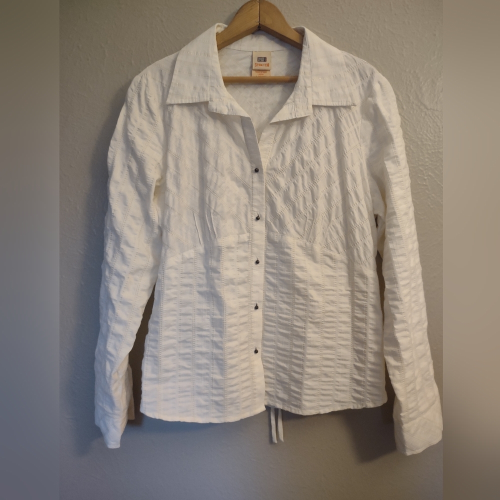 Faded Glory Stretch White/Gold Ruched Pinstripe Button-Up Tie Back